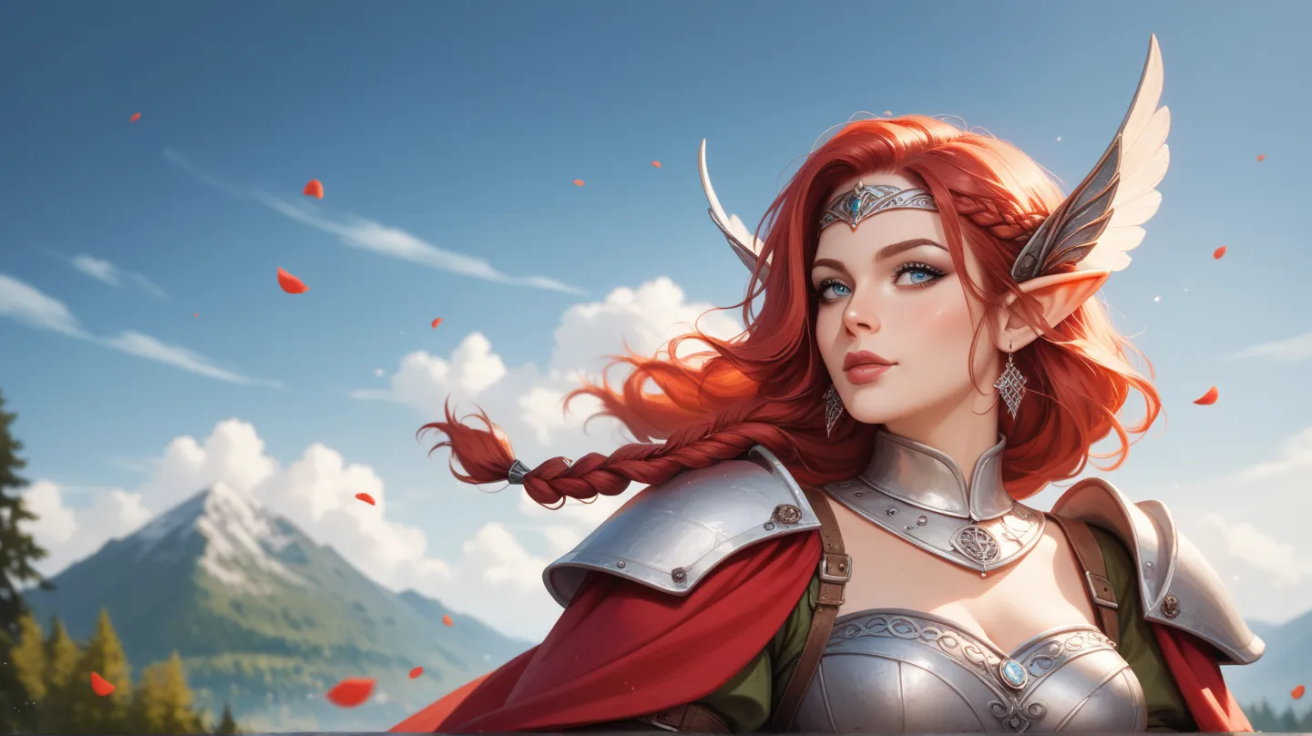 Eizeleh is a 23-year-old elf with crimson red hair, styled in an auburn fashion. From the sides of her hair extend two small braids that blend seamlessly into the rest of her hair, creating a striking look. Her eyes are a soft grey, and her skin is pale, a...