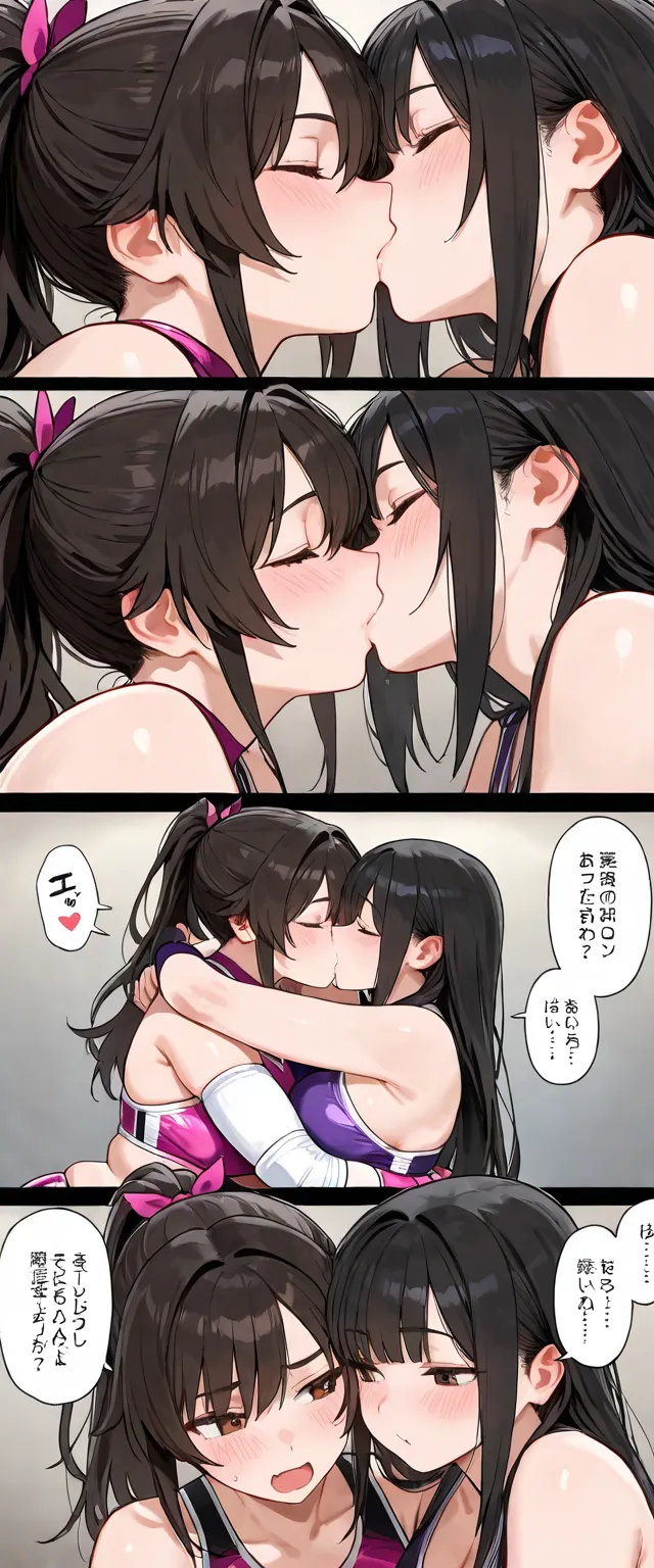 Thick female wrestler hugging and kissing, comic panels