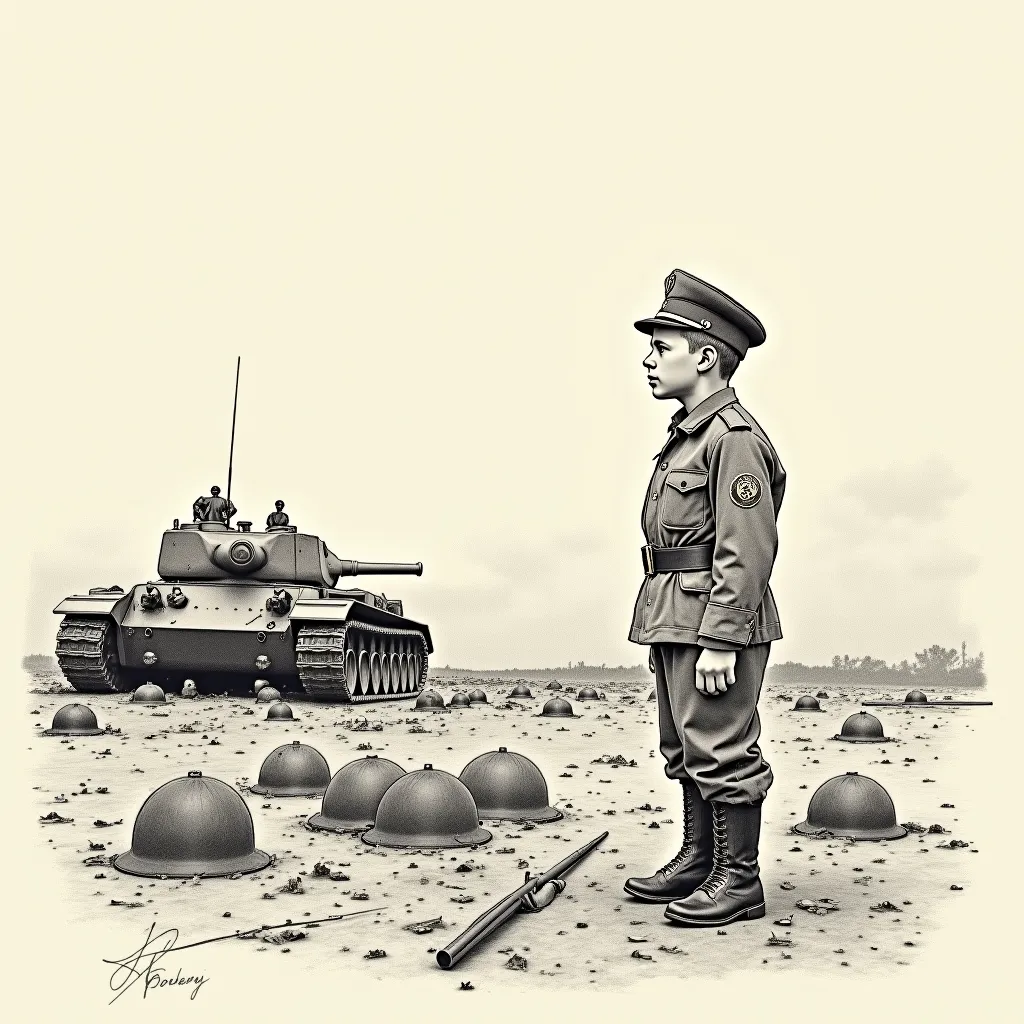 ren's Pencil Drawing Boy in Soviet uniform, on the battlefield,  at sunset , , soldier helmets are scattered behind them and there is a destroyed tank