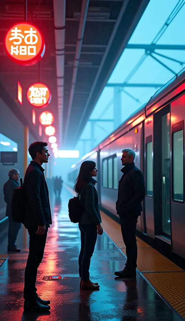 A moment in a futuristic train station at night. The scene is bathed in moody lighting, with neon signs shining through the wet drizzle, casting distorted reflections on the sidewalk. A sleek, modern train with softly lit windows and open doors stands on t...