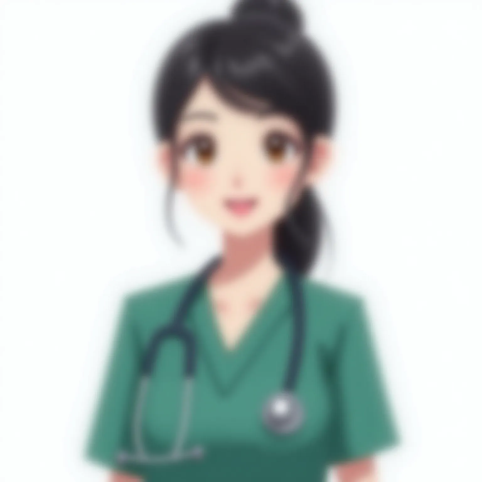  I need you to make me an image , with white background, suit where a 21 year old woman is,  with black hair , light brown eyes, Wearing a petroleum-green clinical suit, is a woman studying occupational therapy, She appears smiling and, It's an animated im...