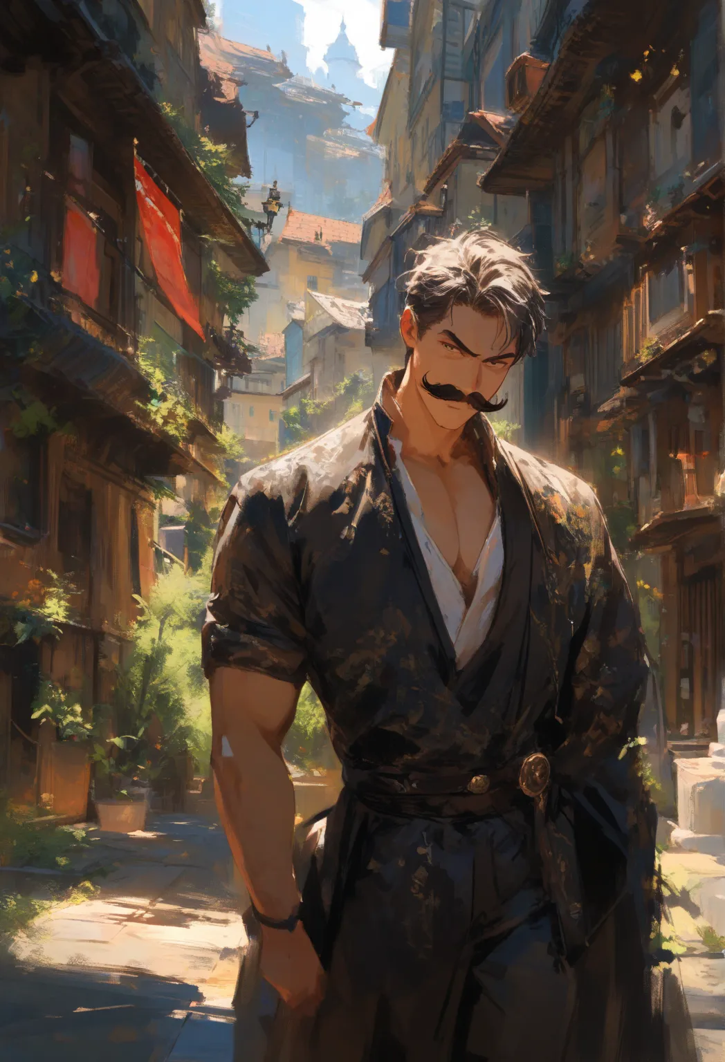 1man, handsome Middle-aged man, muscular tall body, serious expression, teasing smile, black Neat haired, sensitive, solo, elegant clothes, landscape, iconic looking mustache, detective office landscape, head tilt, half body, Fantasy detective office locat...