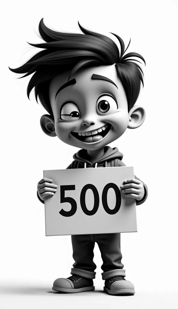 Image en noir et blanc facon pixar d'un petit garçon chenapan qui fait un clin d'œil et tire la langue, He is holding a sign with the number "500"