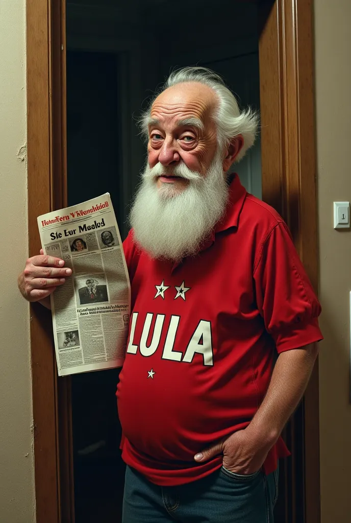 Describe an elderly man with a big white beard and a red blouse written “LULA” and a star in the front fleeing into his house with a newspaper in his hand, of a bellied monster, with a small white beard and a red blouse written “13”