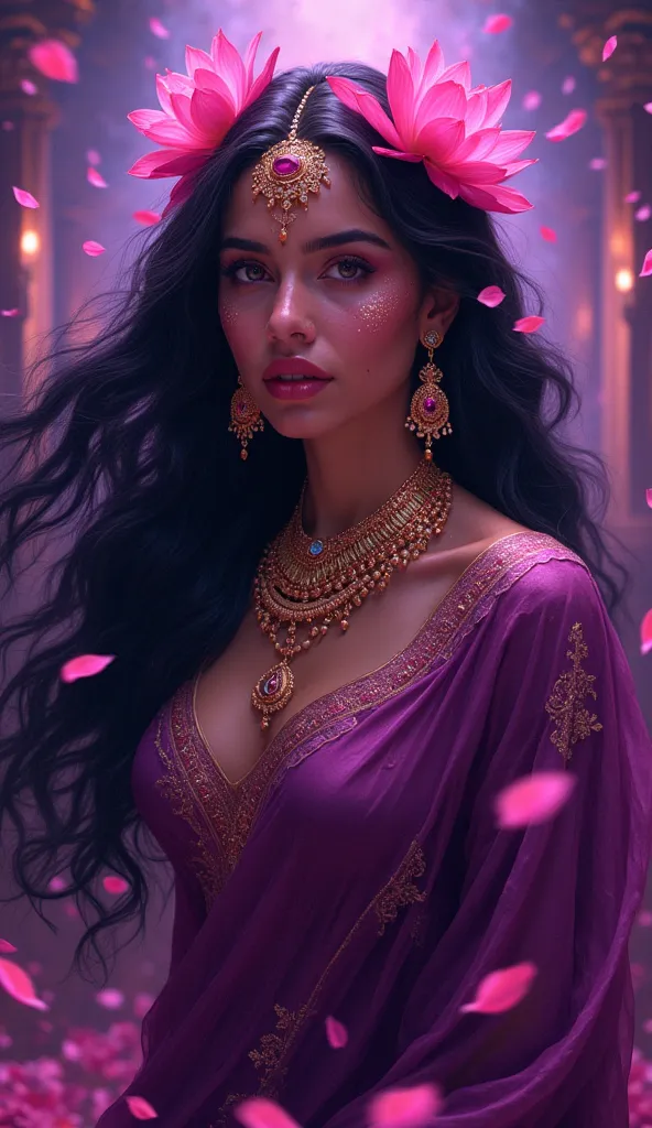  stunning portrait of a mystical woman with long, flowing black hair adorned with vibrant pink lotus flowers. She has delicate, ethereal facial features, with glowing violet-toned skin, soft pink lips, and deep, dreamy eyes. She wears intricate gold and ru...