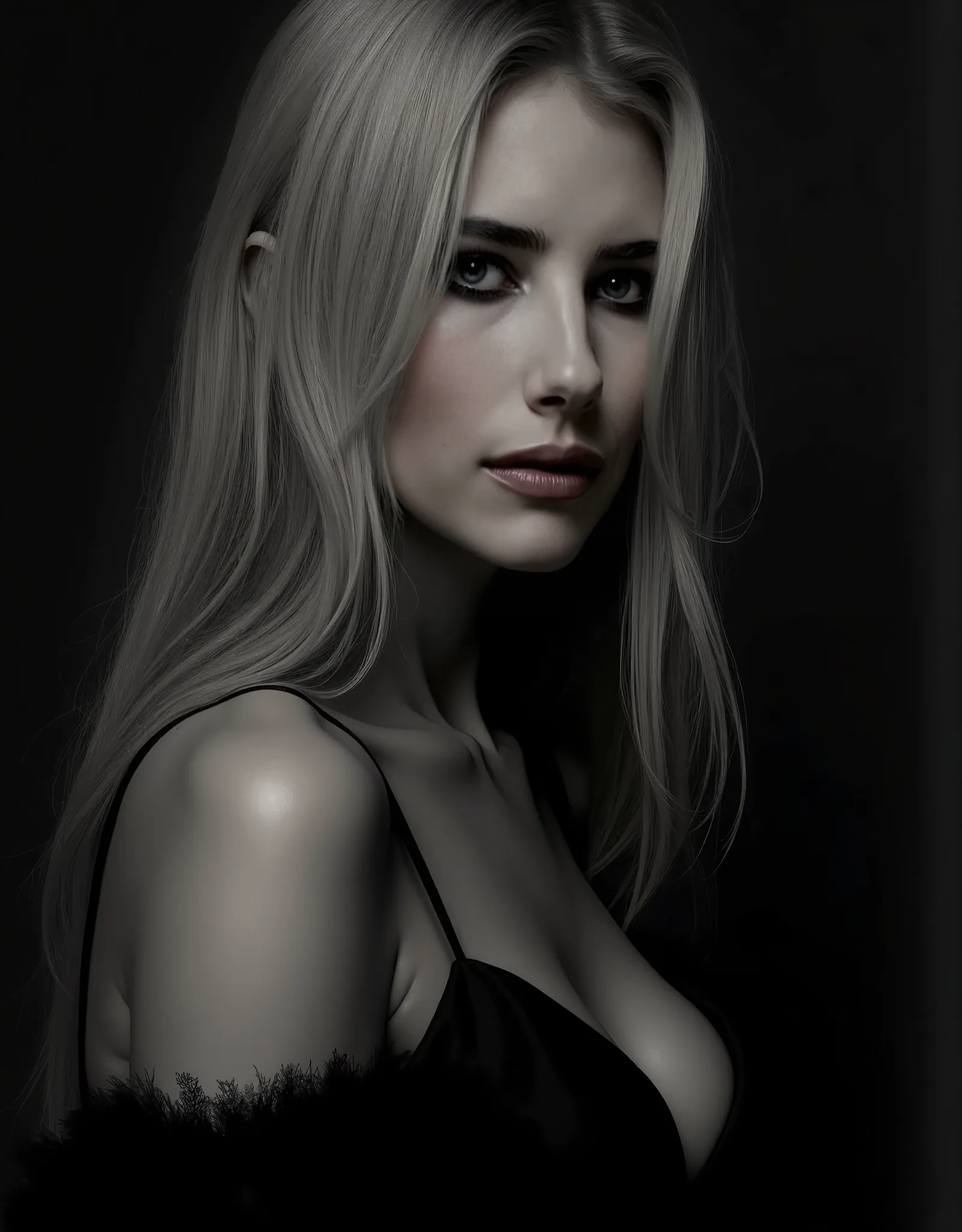 
seductive elegant villain woman in pose portrait character - A dramatic black and white noir-style portrait of a woman resembling. Her long, straight BLONDE hair cascades down her back and shoulders, with strands gently framing her face. contrast striking...