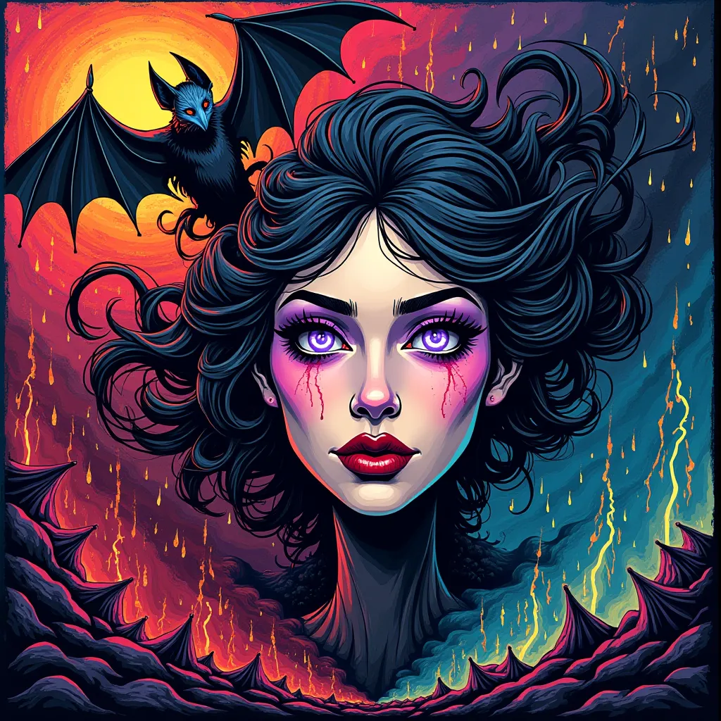 A woman's face in cubist art NFT 3D woodcut colorful bat fire destroyer haunted scenery lightning with flashy rain purple eyes