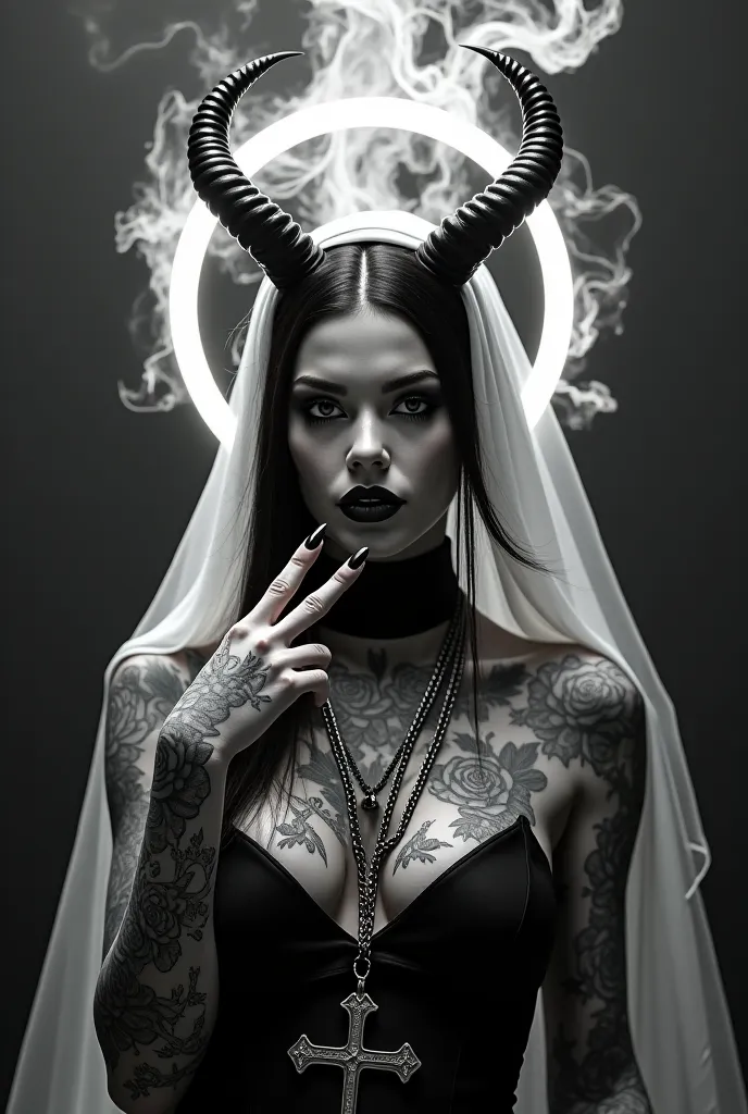 A dark, surreal, and artistic portrait of a mysterious woman wearing a white veil. She has large black horns protruding from her head, and above her is a glowing, futuristic halo with smoke swirling around it. Her body is covered in detailed tattoos, inclu...