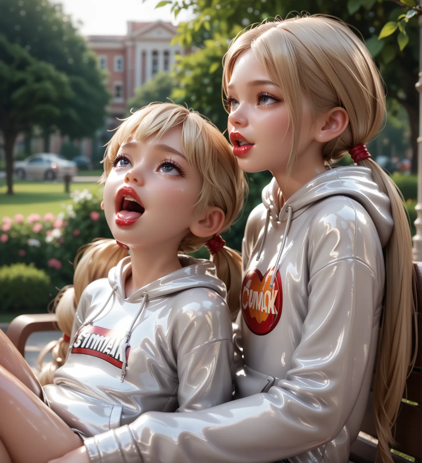 3 young girls,  Sits in the park ,  in extremely tight , shiny silver latex hoodie,  very strong shiny skin,   big lips, red lipstick, groaning,  isometric view, head leaning back, isometric view,  low double ponytails, blonde hair, excited 