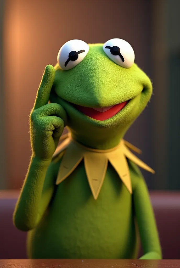 Kermit the Frog TOUCHING HIS FINGER ON HIS HUNDRED OR HIS FOREHEAD SMILING AND SHOWING THAT HE IS VERY INTELLIGENT
