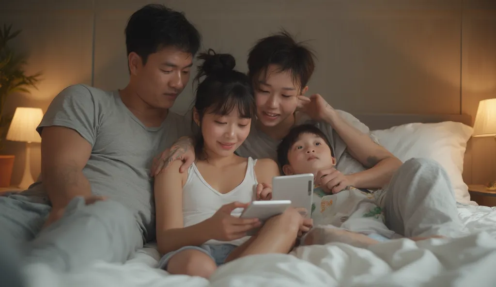 A highly realistic and contemporary photograph of a young Korean-American mother, her husband, and their son sitting comfortably on a bed in a modern, well-lit bedroom. They are casually interacting with smart devices—she is using her smartphone, while her...