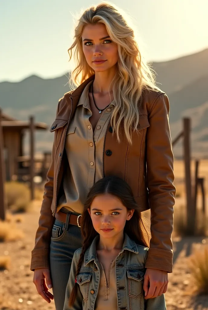 Tall blonde cowgirl with blue eyes and pale skin with a shorter brown-eyed girl in front of her
