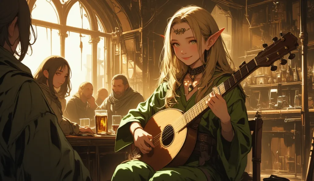  Create an image, on which elf wife with long blond hair, playing the lute in a tavern. She has pointy ears and a pleasant smile on her face. She is wearing light green clothes with wide sleeves. There are several tavern visitors around her, sitting at tab...