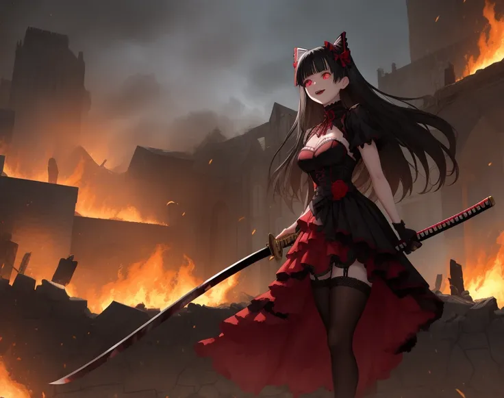 A gothic Rory Mercury-style theme from the anime “Our Warriors Fight The Enemy There” with long dark hair, stockings with lace garters, and in a gorgeous black and red dress with lace and ruffles. She's holding a bloody katana, her eyes glow with crazy bri...