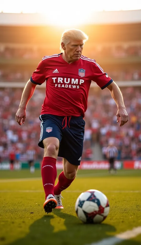 “Donald Trump playing soccer on a well-kept field championship, wearing a personalized sports uniform with his name. He's in action , kicking the ball with a determined expression. The setting in the background includes a stadium with lively fans and Unite...