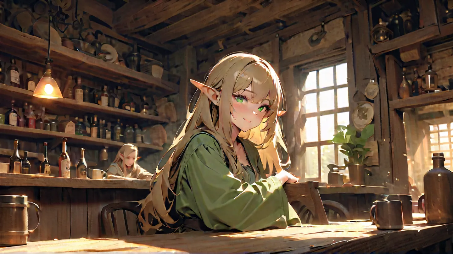  Create an image, on which elf wife with long blond hair, playing the lute in a tavern. She has pointy ears and a pleasant smile on her face. She is wearing light green clothes with wide sleeves. There are several tavern visitors around her, sitting at tab...