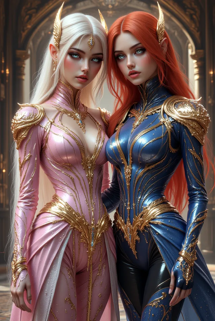 ,beautiful young two woman, (A one Women:long blond hair, elf ears, hers Pink short  top with gold belt belly, Belly freeand Black Leggings, big Breasts) & (other women next the her, blue eyes,long hair,red hair, blue short top with patterns gold Belt bell...