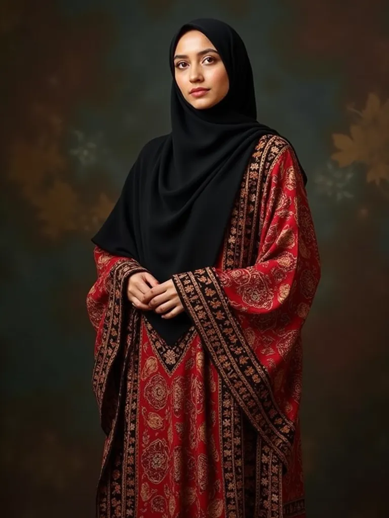 caftan marocain, woman muslimah, hijab,wearing caftan marocain full body outfit, detailed facial features, serene expression, standing pose, intricate patterns, vibranta woman wearing a traditional moroccan caftan, full body portrait, detailed and realisti...