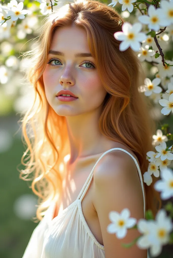 An image of a 19-year-old girl. delicate traces, naturally red lips,  big blue eyes , long coppery blond hair with light curls, is wearing a white dress with straps and surrounded by jasmines