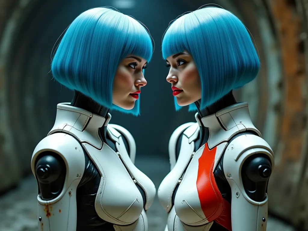 Two beautiful androud cyborg women in an underground cavern  blue bob hair  white plastic mechanical bodies, one has a red diagonal paint stripe across her chest, dusty and rusty, dark moody lighting,  ultra-realistic photograph cinematic 