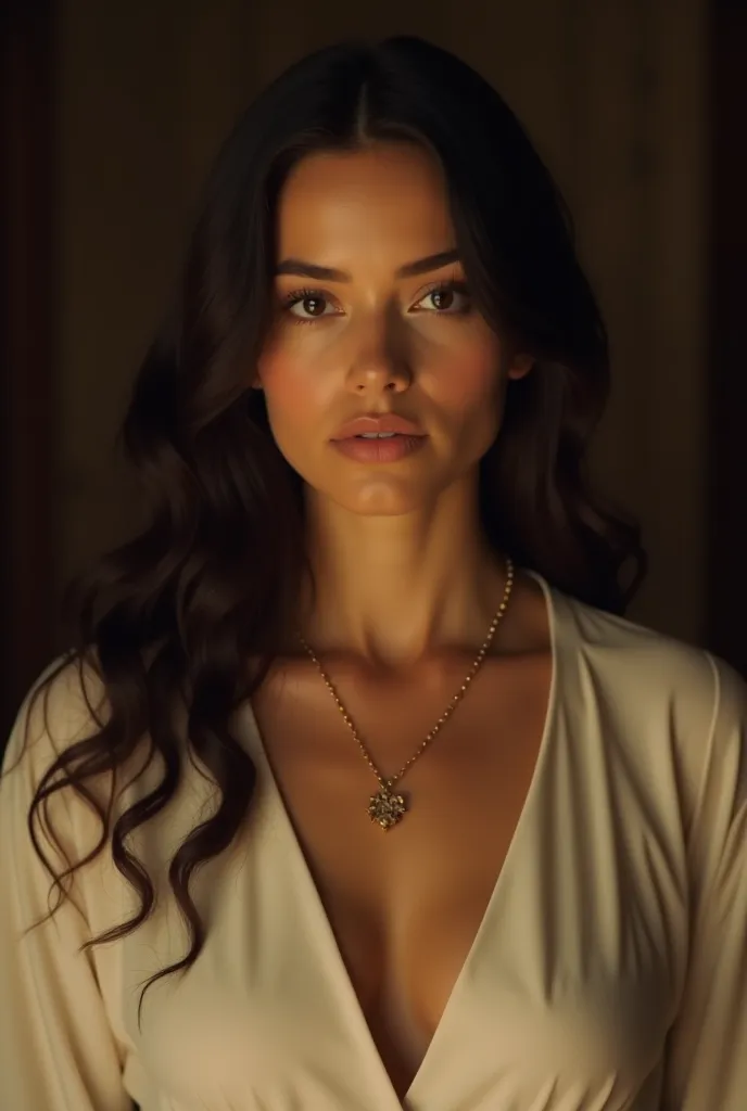  young woman,  of Caucasian appearance , with a direct look and serious expression.   She has long, dark hair , wavy, that falls on her shoulders.  She wears a white garment, release, with wide sleeves , that reveals part of her chest.  A necklace of small...