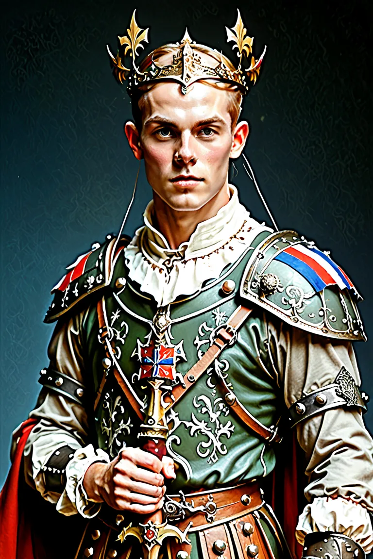 Create a young, athletic, noble warrior man, wearing a medieval doublet, with sharp weapons, representing a high-class warrior, in a medieval world.