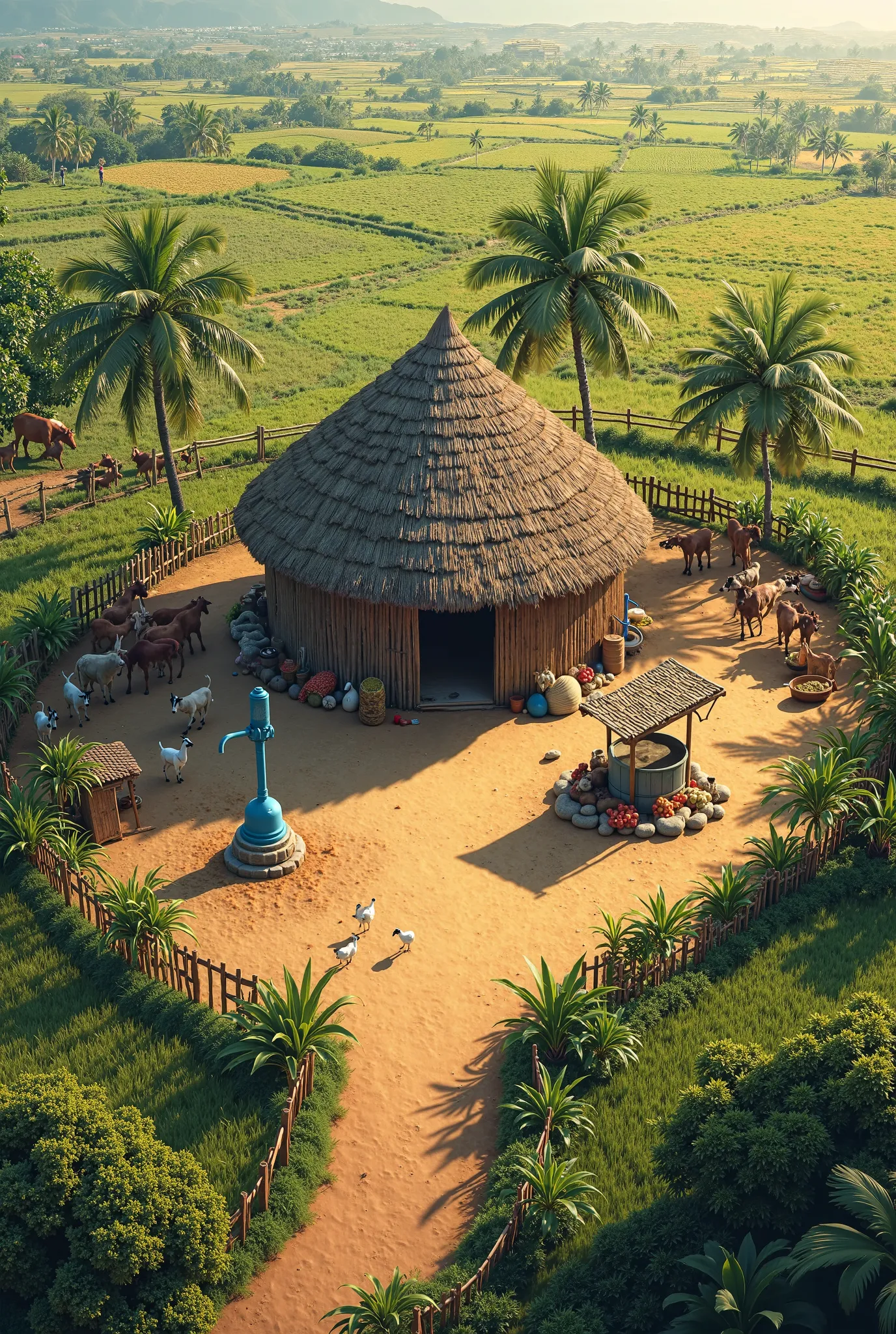 A beautifully detailed aerial view of a traditional rural farm with a cozy round hut at the center, surrounded by lush green fields and neatly arranged crops. The farm includes livestock such as cows, goats, and chickens grazing in a fenced area. There are...