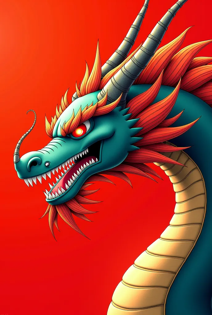 a close up of a dragon with a red background, a digital rendering inspired by Toriyama Sekien, shutterstock, sōsaku hanga, super saiyan Goku, super sayian Goku, Goku, super saiyan, son Goku, Goku from dragonball z, Goku from dragon ball z, Goku from dragon...