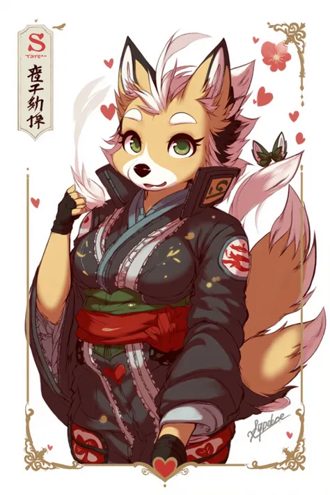 Anthro furry female character with fine, elegant features, blending fox and cat traits—one of the most popular species in the furry community. She has tall, pointed fox ears with tufts of fur inside, a soft feline muzzle, delicate whiskers, and a long, lux...