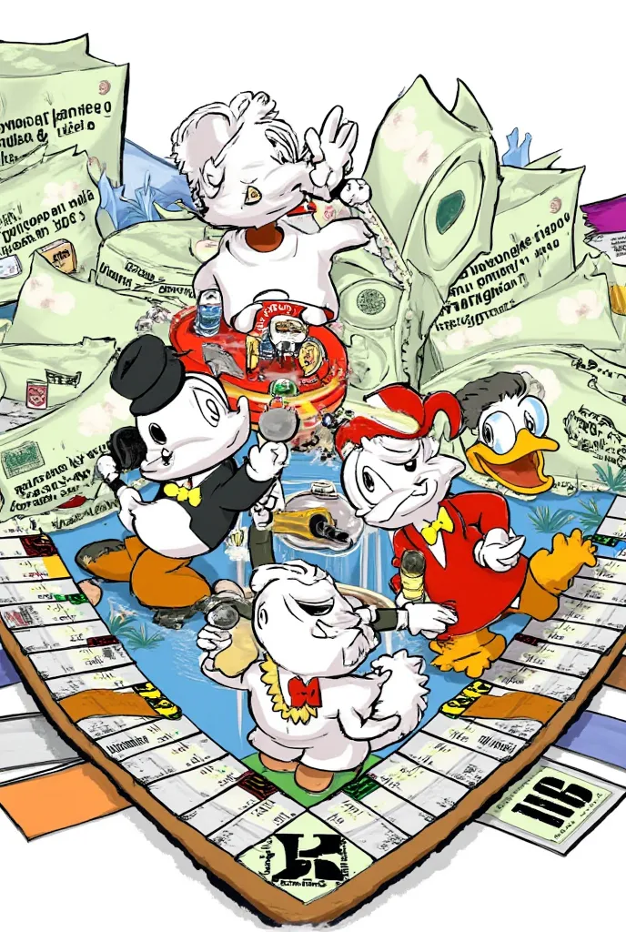 A professionally drawn illustration set in the board game Monopoly should include Richie McDuck, Peggy Bank, and Ricky Rickon alongside the text Credit Game Pro arranged to look like part of the design.