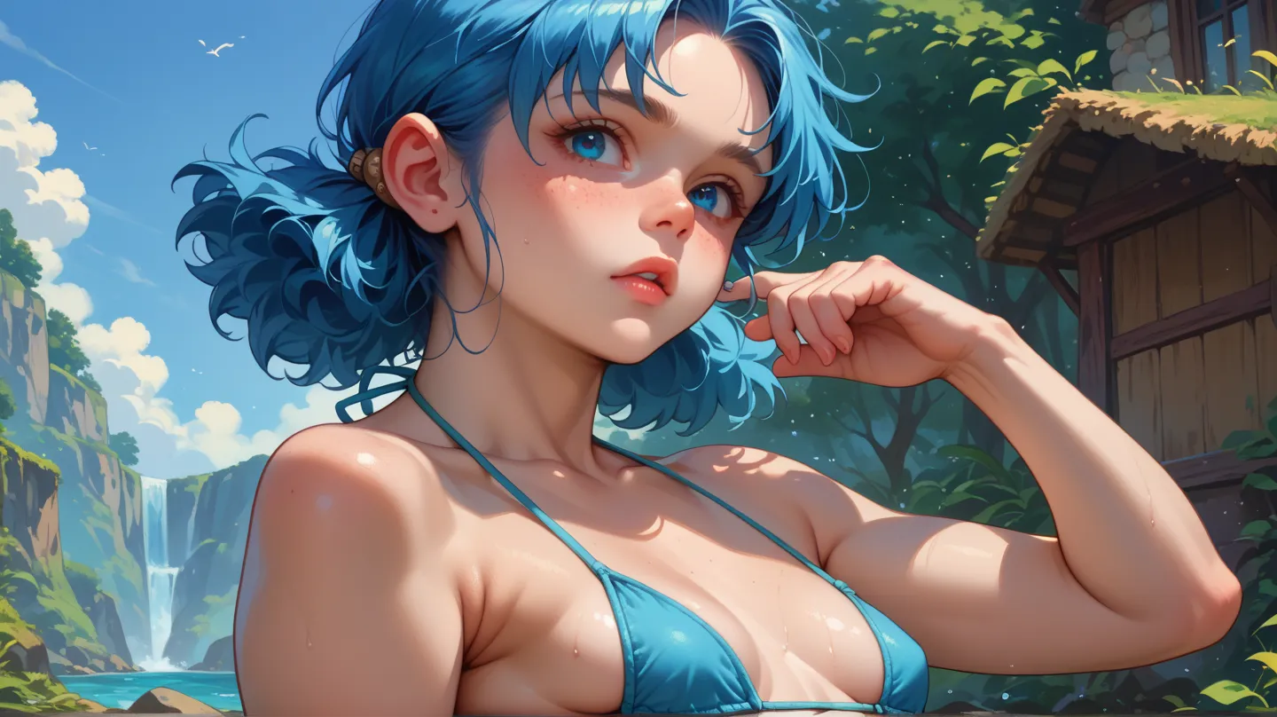 Dwarf girl ,Natural proportion,  blue hair, short, voluptuous body, , Small breasts, slightly flabby, wearing tiny blue bikini, Private parts defined on the fabric