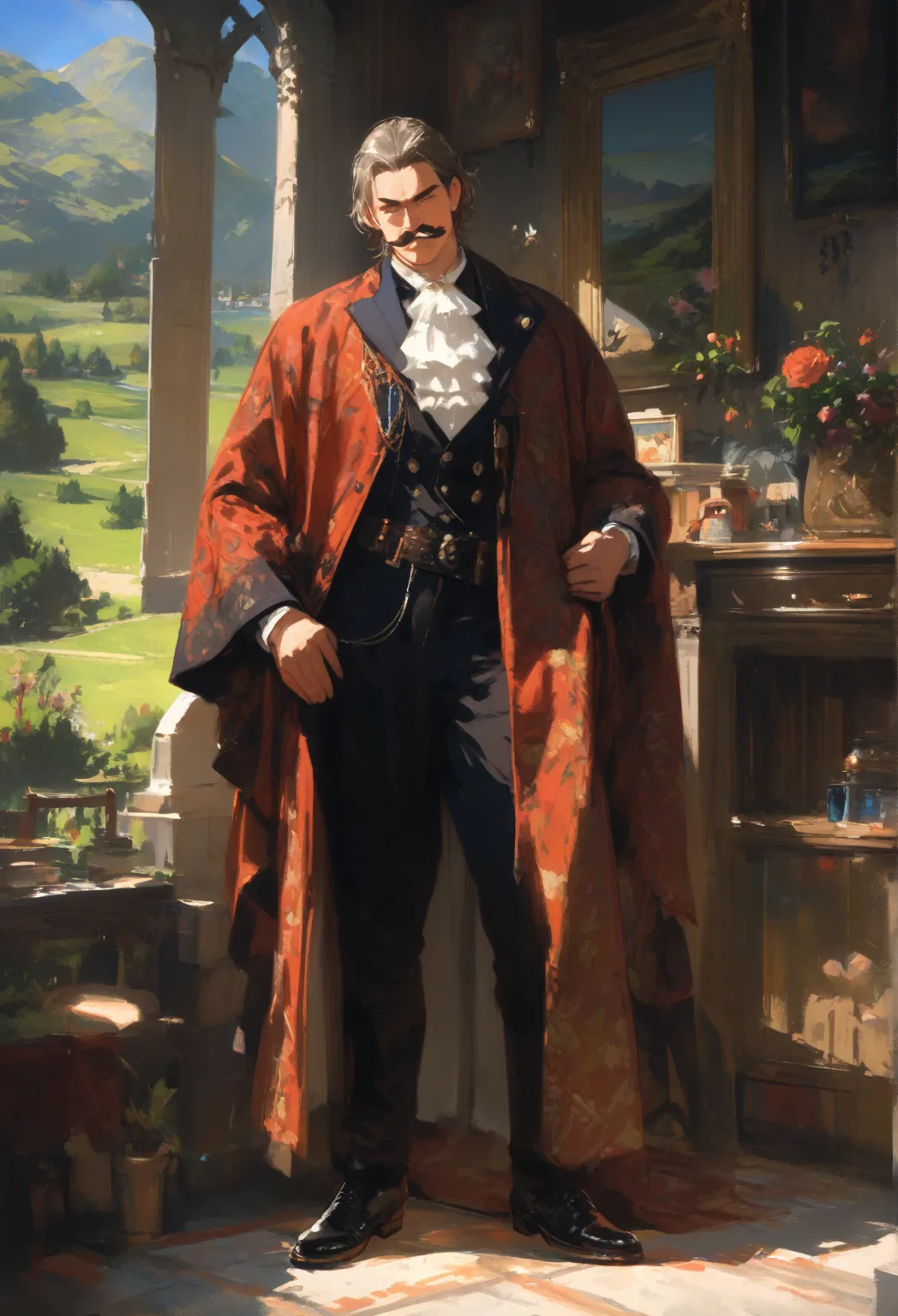 1man, handsome Middle-aged man, muscular tall body, serious expression, teasing smile, black Neat haired, sensitive, solo, elegant clothes, landscape, iconic looking mustache, detective office landscape, head tilt, full body, Fantasy detective office locat...