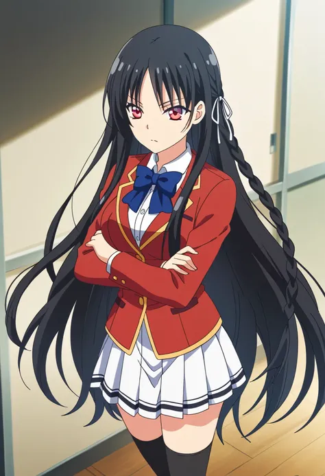 yjsuzune,very long hair,bangs,ribbon,
school uniform, red jacket, long sleeves, white shirt, collared shirt,blue bowtie, pleated skirt,white skirt, black thighhighs, zettai ryouiki,