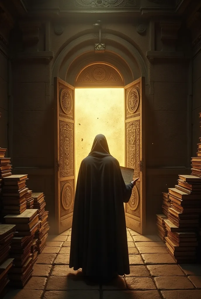 "A dark, mysterious Vatican archive room with dim, eerie lighting. Ancient, dust-covered books and scrolls stacked high on wooden shelves. A large, slightly open, iron door with intricate engravings, revealing a blinding golden light seeping through. In th...