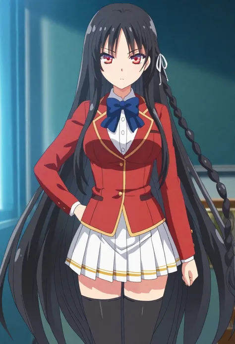 yjsuzune,very long hair,bangs,ribbon,
school uniform, red jacket, long sleeves, white shirt, collared shirt,blue bowtie, pleated skirt,white skirt, black thighhighs, zettai ryouiki,