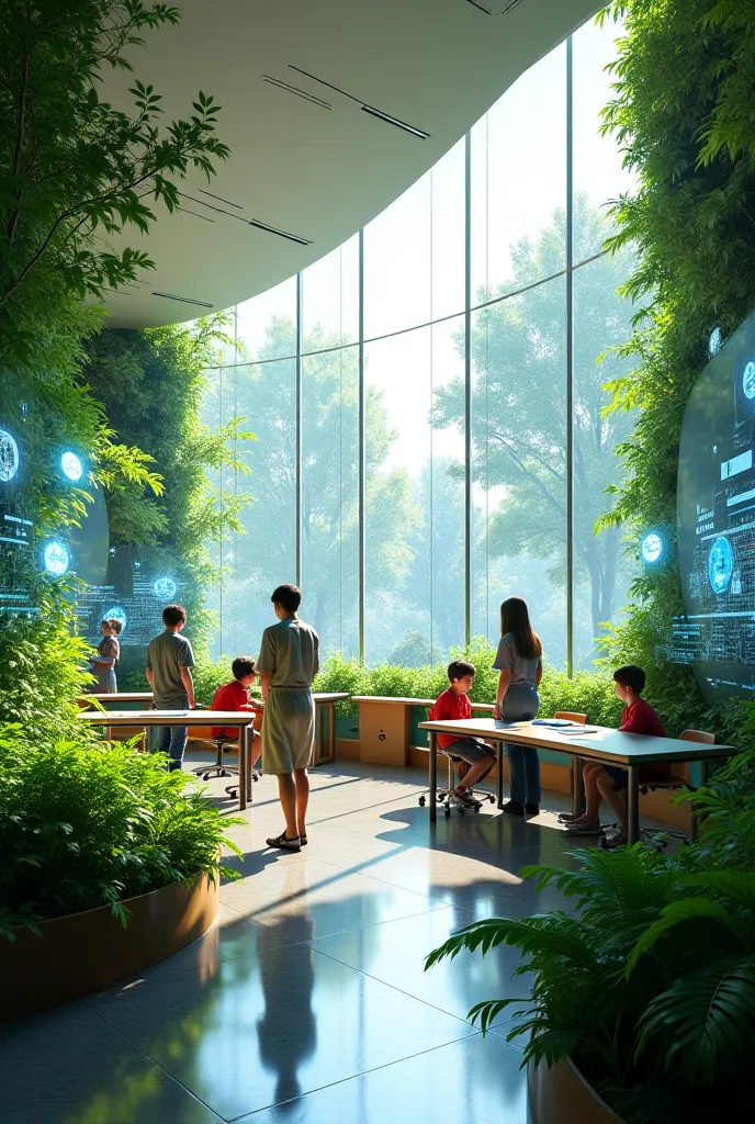 Futuristic classroom with green nature areas 