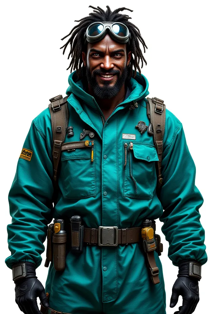 A rugged adventurer with dark skin and dreadlocks, wearing a futuristic teal (cyan blue-green) hazard suit with black gloves. His suit features utility pockets, a chest strap with tools, and a holster on his belt. He has a confident and adventurous express...