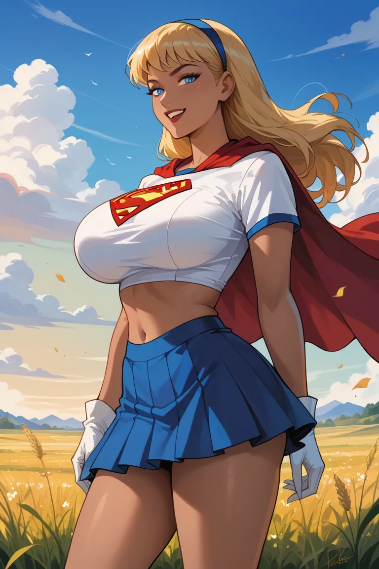 high quality, 8K Ultra HD, safe_pos, score_9, score_8_up, score_7_up, score_6_up, score_5_up, score_4_up, kara zor-el, long hair, blonde hair, blue eyes, dark-skinned female, huge breasts, hairband, cropped shirt, white shirt, midriff, red cape, white glov...