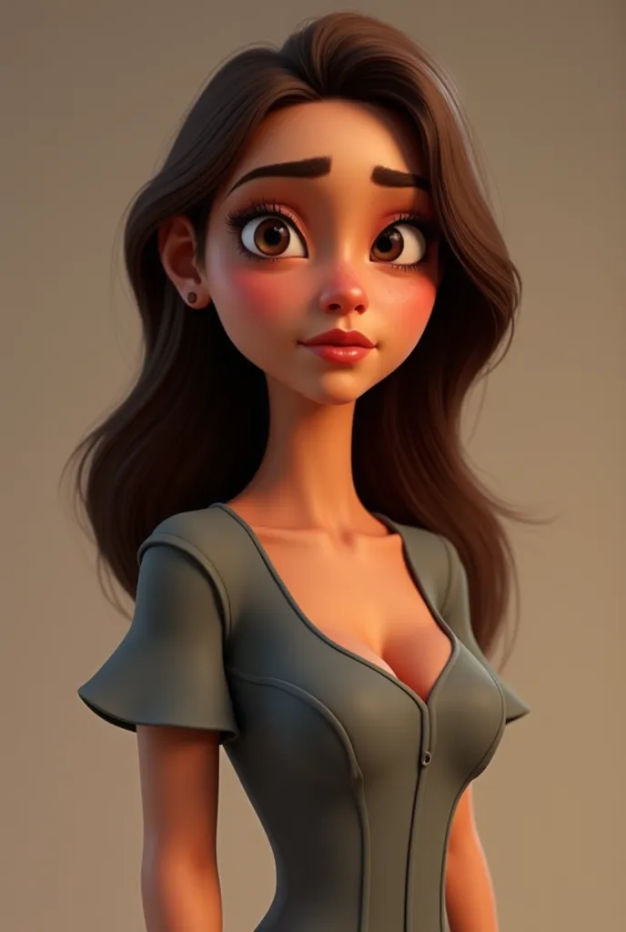 "Create an image of a Brazilian woman, medium skin color , 35 years old, brown hair, long hair size, wide square face, sorry,  medium lips, Chin slit,  very small eyes, arched eyebrow, is standing, Wear a gray dress with a sleeve,  Character Pixar, Realist...