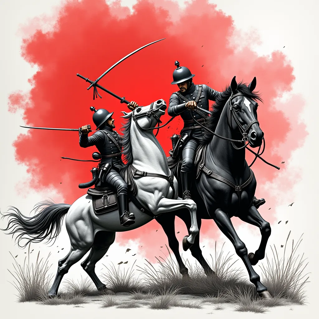 Soldier with sabre riding horse fighting with soldier at war from the year 1800 drawing in black and white and red background