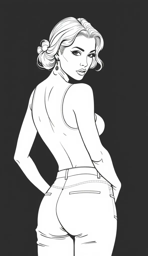  line graphics masterpiece,mature slutty diva,seductive flared jeans,blouse,  black background , turns back