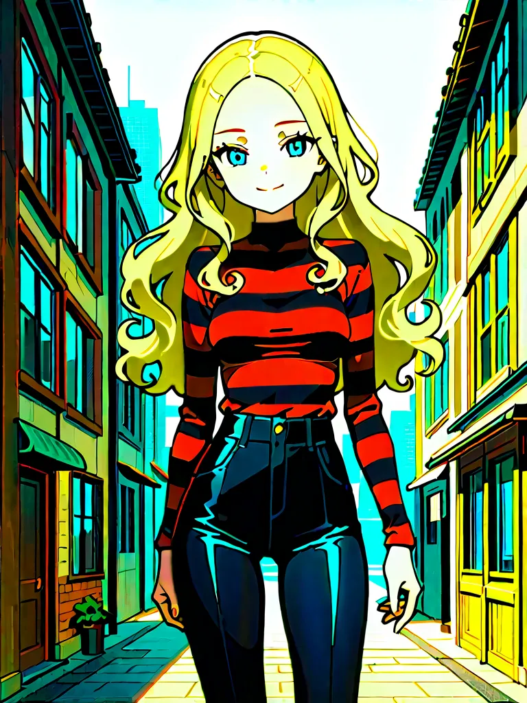 1girl, blonde hair, long hair, red shirt, collard shirt, big forehead, curly hair, red striped t shirt, looking at vewers, blue eyes, city, smiling, standing, , medium breast, day, pale skin, long sleeve, Anime Style, Anime, Digital Art, Best Quality, High...