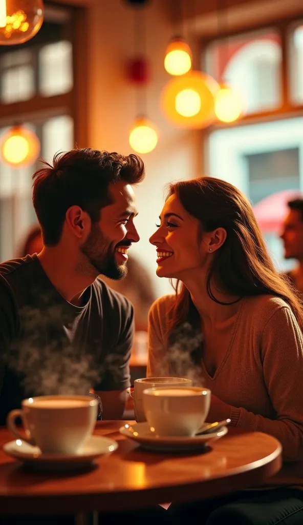 In a lively café, a man and a woman are enjoying a conversation with their friends. The couple exchanges loving glances and smiles comfortably. In the background, friends are laughing and chatting, with coffee cups and desserts on the table. The café's atm...