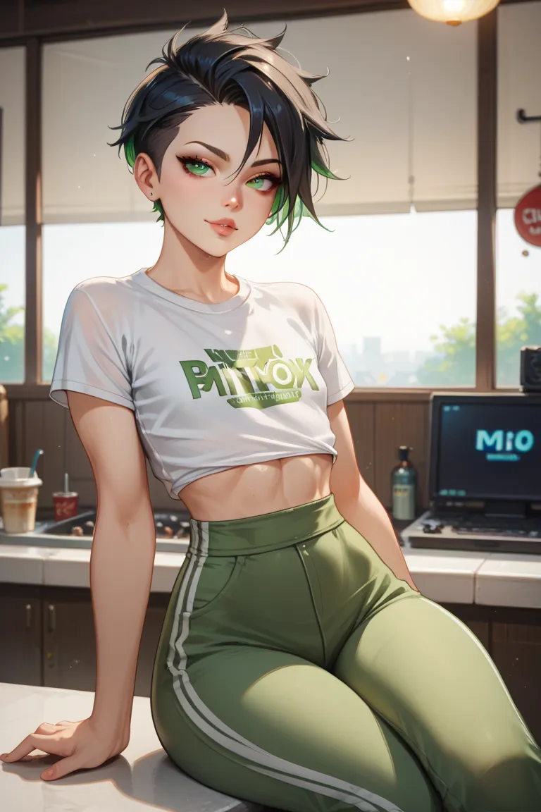 Beautiful woman with green eyes, short two-tone hair, black gradient in green tips. flat chest. small waist and wide hips.  sitting on a banister .men's half-open t-shirt, men's fabric pants. She's a Tomboy.  short black hair with green tips 