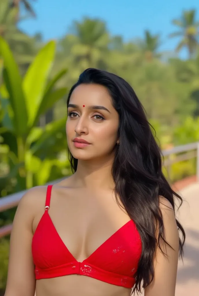 A stunning 8k photo of actress Shraddha kapoor wearing red bra and white panty, with her body visible through the delicate fabric. The background showcases a paradisiacal atmosphere, with lush green foliage and a vibrant blue sky. Shraddha kapoor' expressi...