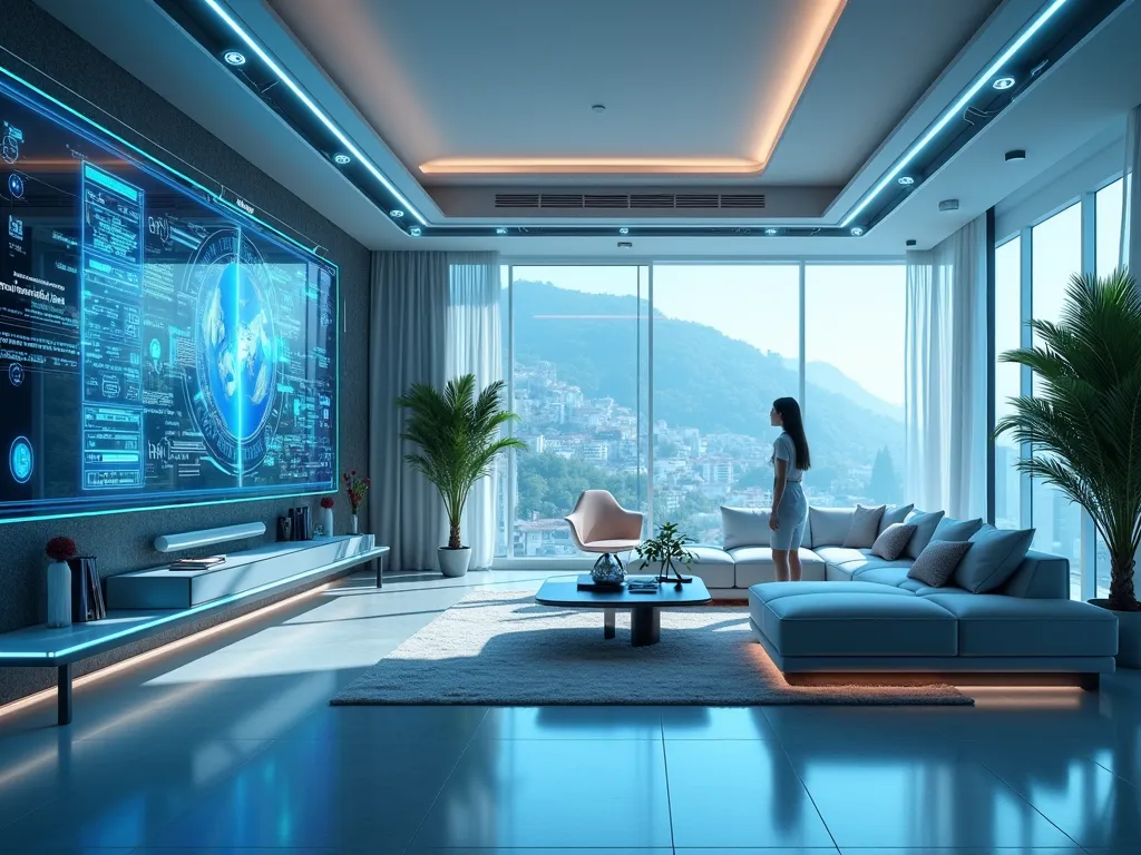 Futuristic smart home concept: holographic interface, robot assistant, high-tech devices, blue and white neon accents, glass surfaces, modern design.