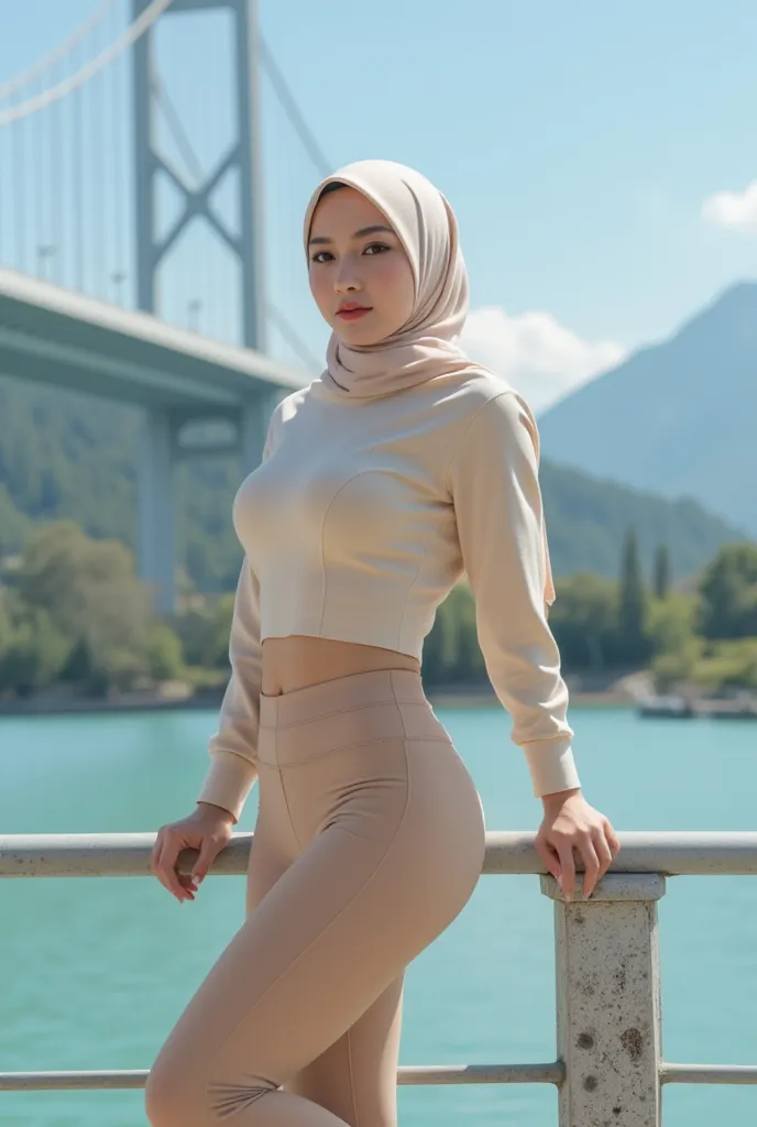 A young woman with an ideal hourglass body, gracefully clad in a hijab matching her skin tone, emphasizes calm beauty. She wears a form-fitting crop top that complements her athletic frame and a pair of flesh-toned tight leggings that accentuate her long, ...