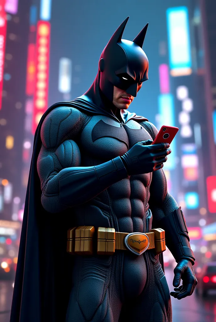 I created an image of Batman with the cell phone in his hand looking at him, vibrant colors 