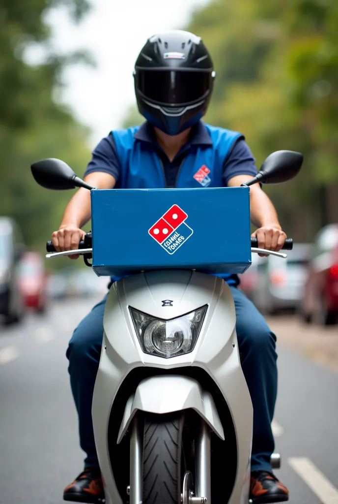 Delivery man on a white motorcycle with a blue Domino's vest and delivering with his blue box that says Domino's Conkal, Specifically you have to say Conkal tonics 