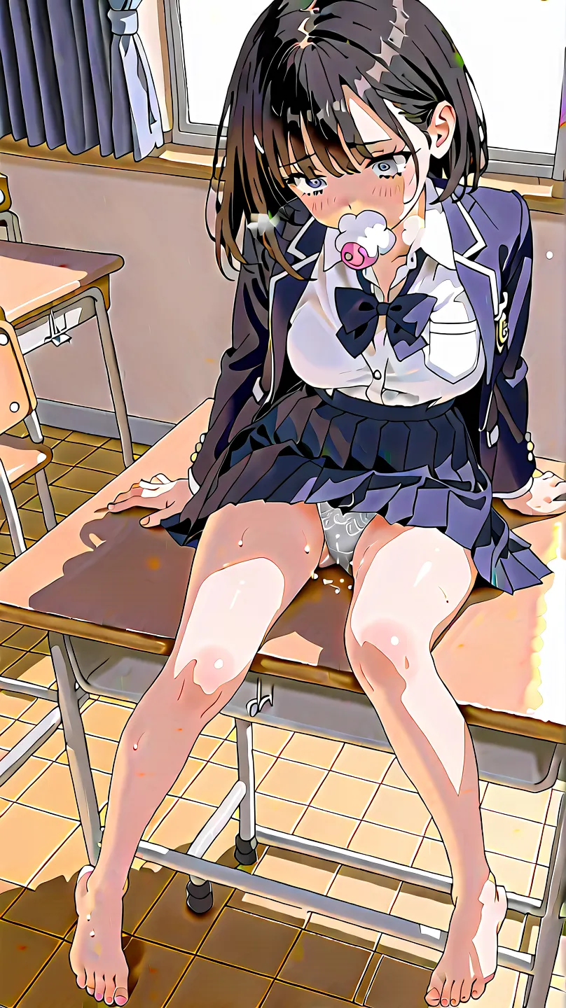 (masterpiece,beautiful,hughres,CG,8k,16k,best quality,high resolution,detailed finger,detailed hands,detailed feet,detail eyes:1.5),focus on panties,1 girl,alone,(classroom,schools,school desk:1.5),(schools uniform, black hair,white shirt,blazer from above...